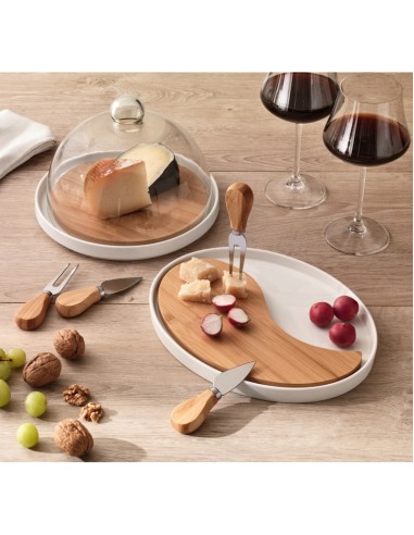 TAGLIERE PORCELLANA E BAMBOO CON COLTELLI FORMAGGIO E CUPOLA VETRO -BRANDANI