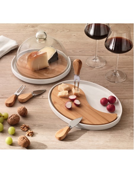 TAGLIERE PORCELLANA E BAMBOO CON COLTELLI FORMAGGIO E CUPOLA VETRO -BRANDANI