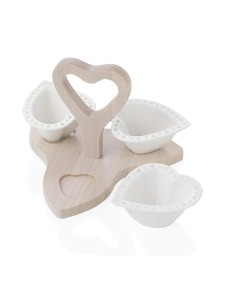 Antipastiera traforata 3 cuori in porcellana bianca con bamboo -BRANDANI