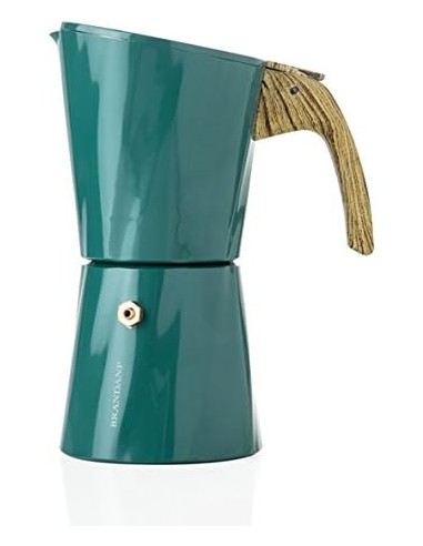 Caffettiera moderna stilizzata color petrolio con manico in legno per 4 tazze caffè -BRANDANI