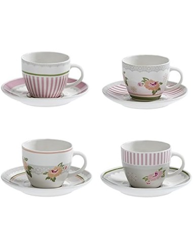 Peonia set 4 tazzine da caffè complete di piattino in stile provenzale shabby rosa in new bone china -BRANDANI